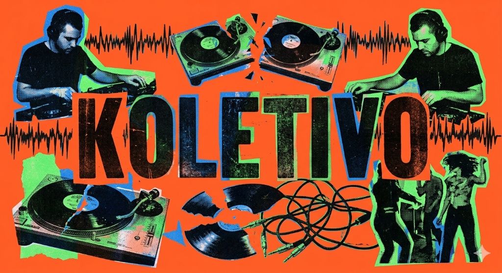 Koletivo — colagem de DJs, toca-discos e vinis em laranja, verde e preto.